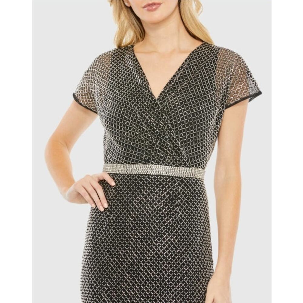 MAC DUGGAL Dress Size 4 Evening Gown Black Midi Beaded NEW Short Sleeve Silver - Picture 5 of 5